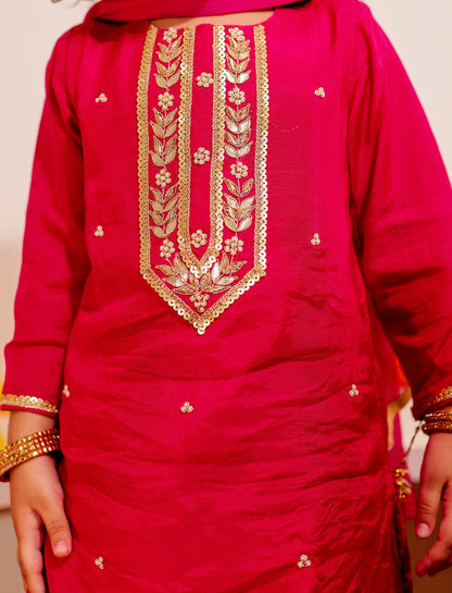 Ruhani Ruby -  Girls' Maroon Muslin Hand-embroidered Kurti with Pink Printed Sharara and Dupatta