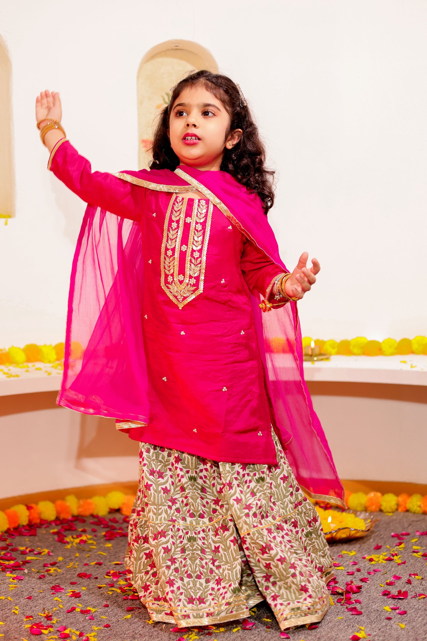 Ruhani Ruby -  Girls' Maroon Muslin Hand-embroidered Kurti with Pink Printed Sharara and Dupatta