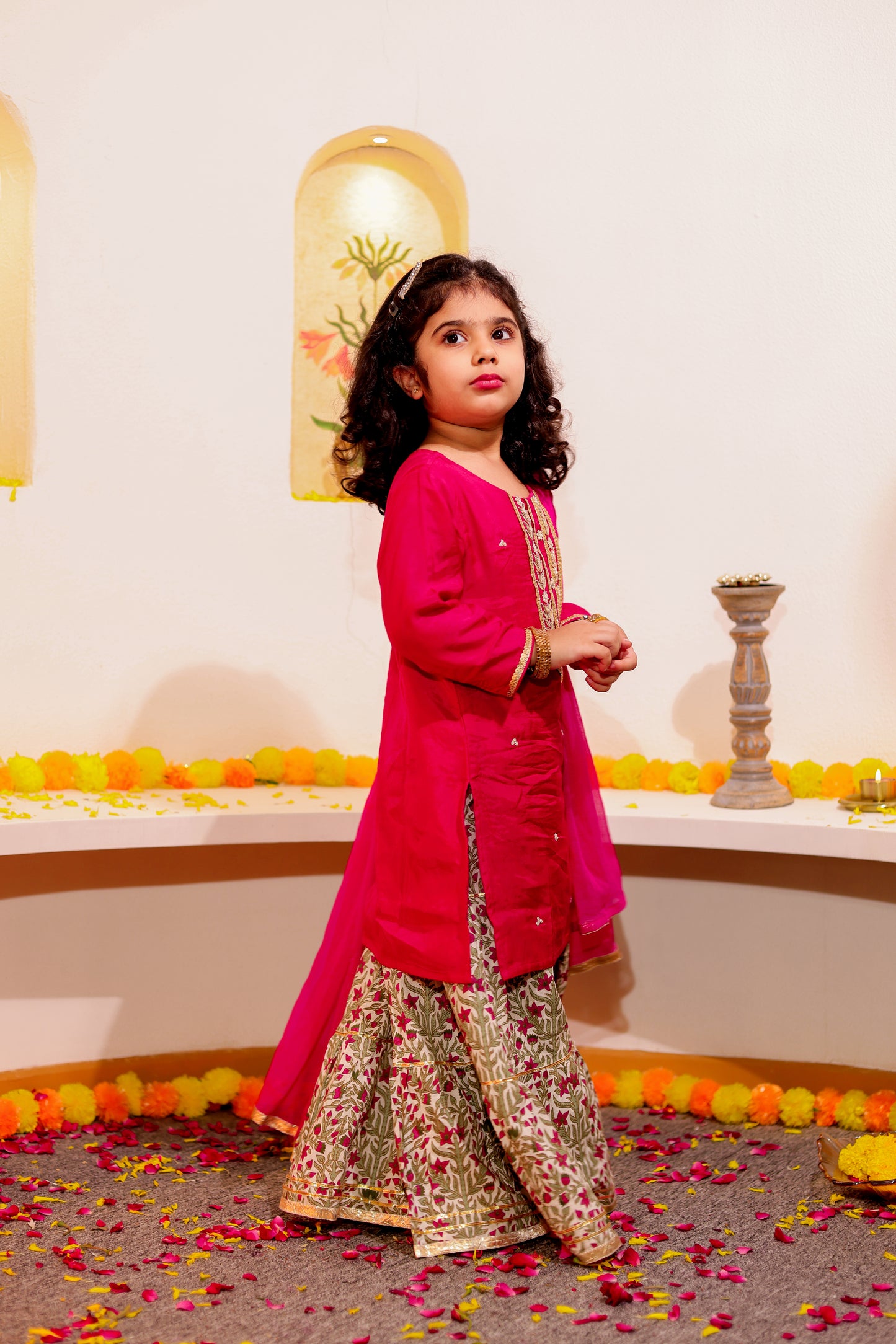 Ruhani Ruby -  Girls' Maroon Muslin Hand-embroidered Kurti with Pink Printed Sharara and Dupatta