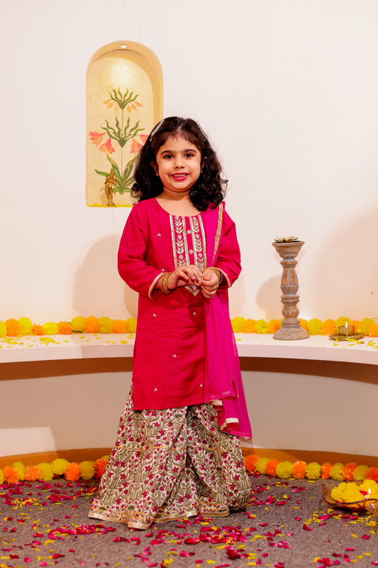 Ruhani Ruby -  Girls' Maroon Muslin Hand-embroidered Kurti with Pink Printed Sharara and Dupatta