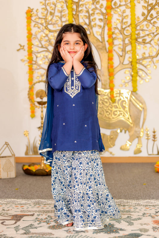 Sapphire Splendor -  Girls' Blue Muslin Hand-embroidered Kurti with Printed Sharara and Dupatta