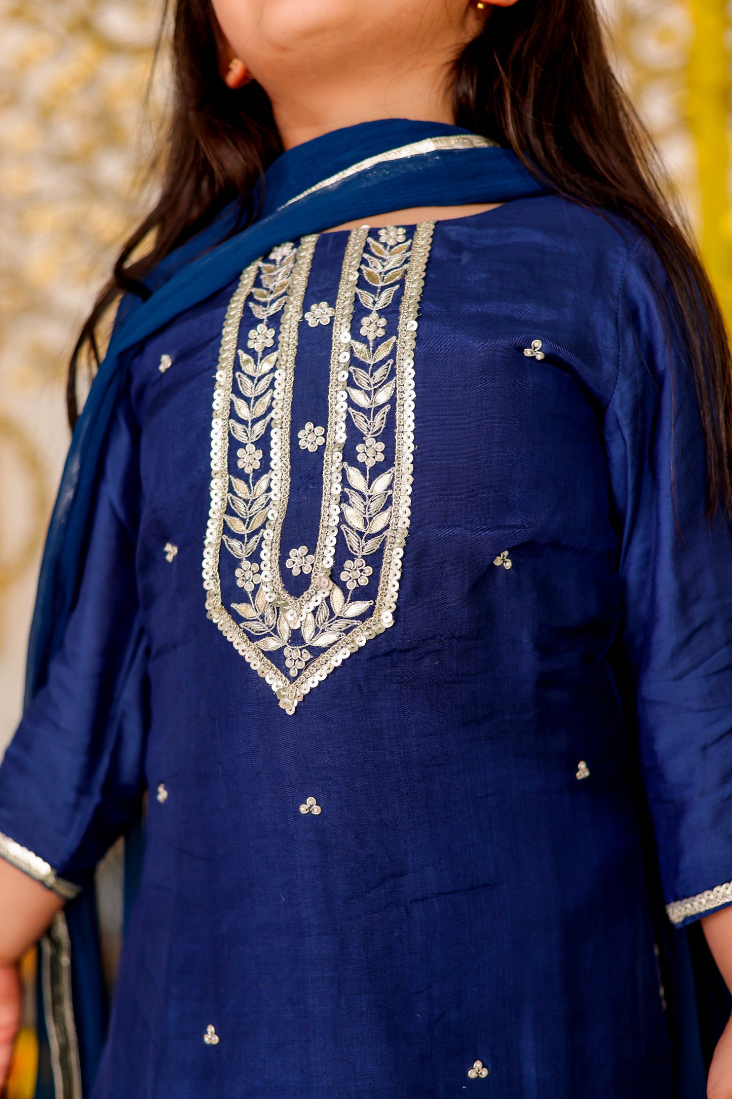 Sapphire Splendor -  Girls' Blue Muslin Hand-embroidered Kurti with Printed Sharara and Dupatta