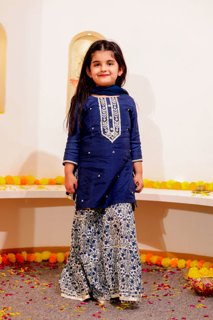 Sapphire Splendor -  Girls' Blue Muslin Hand-embroidered Kurti with Printed Sharara and Dupatta