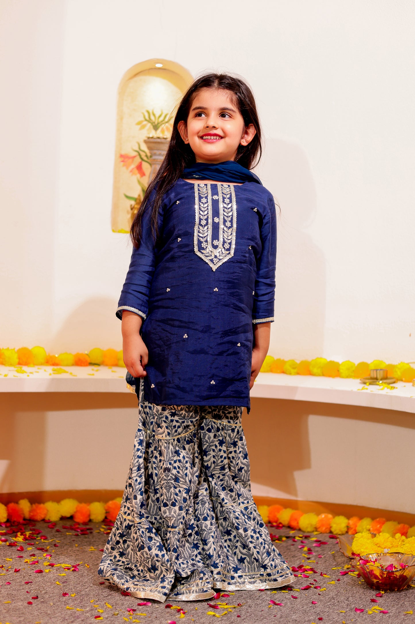 Sapphire Splendor -  Girls' Blue Muslin Hand-embroidered Kurti with Printed Sharara and Dupatta