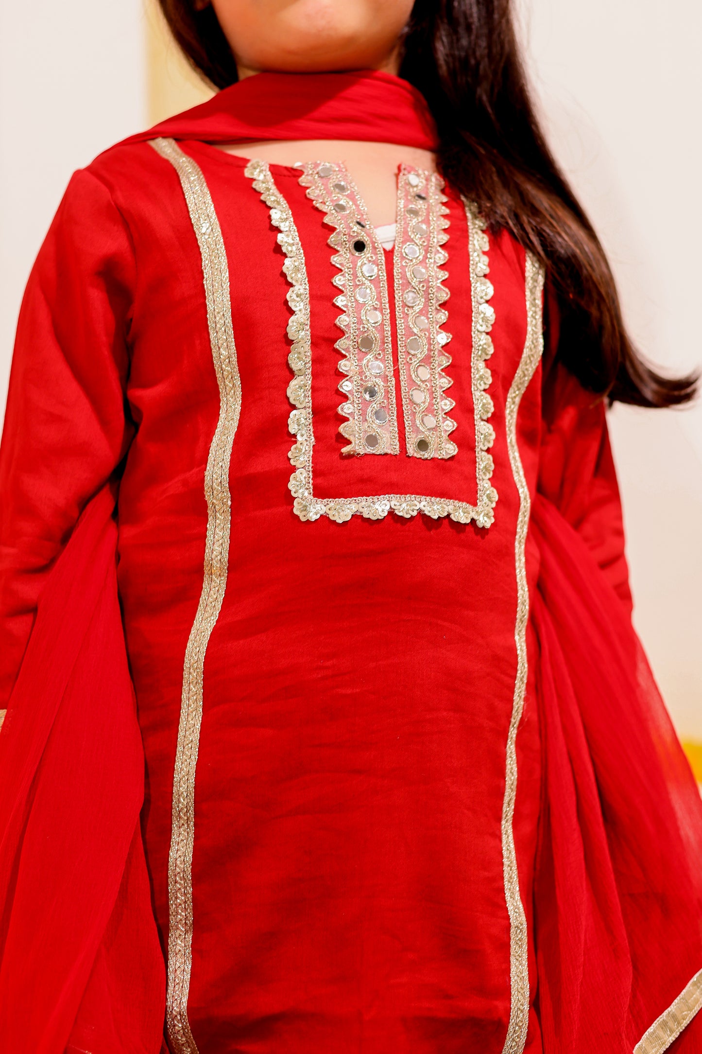 Gulnaar Grace - Girls Red Cotton Silk Kurti paired with Ikat printed Sharara and Dupatta