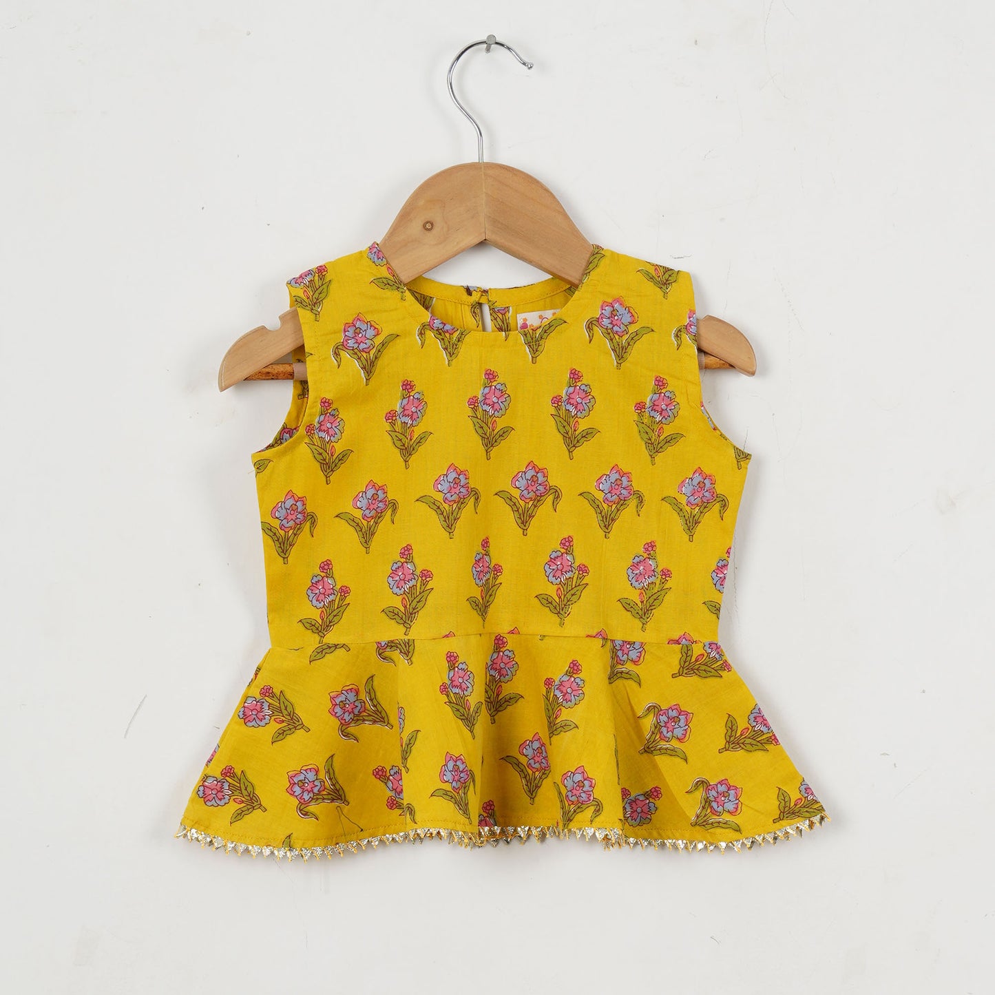 Girls Yellow Peplum Top With Yellow Floral Lehenga And Dupatta