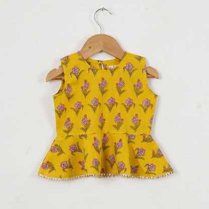 Girls Yellow Peplum Top With Yellow Floral Lehenga And Dupatta