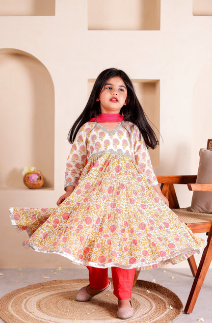 Peach Pankhuri - Girls Peach Floral Anarkali Kurti with Pant and Dupatta