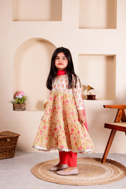 Peach Pankhuri - Girls Peach Floral Anarkali Kurti with Pant and Dupatta