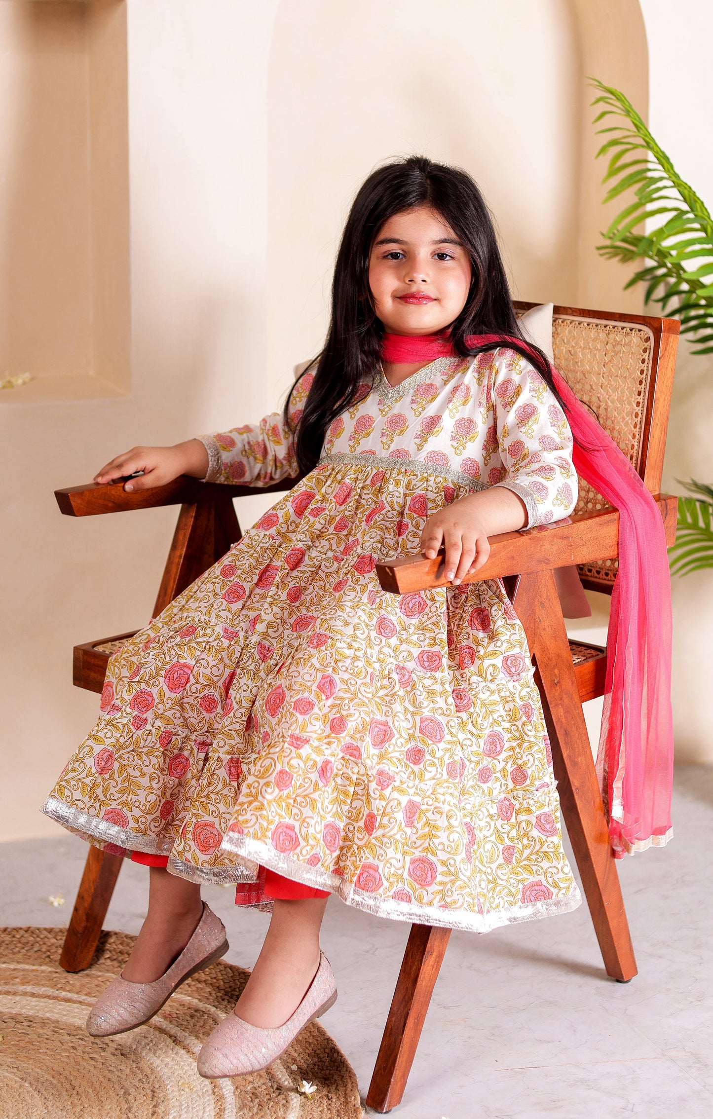 Peach Pankhuri - Girls Peach Floral Anarkali Kurti with Pant and Dupatta