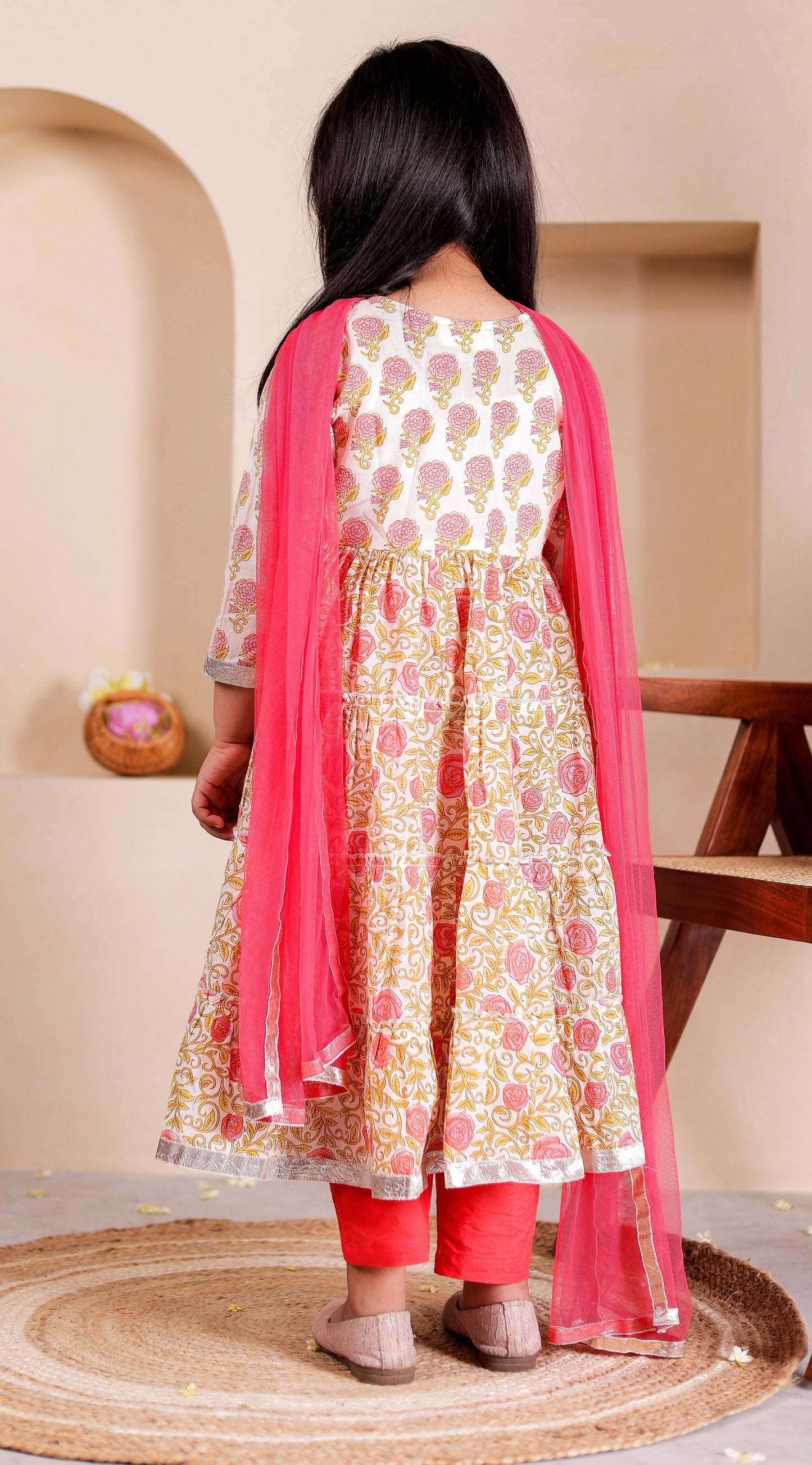 Peach Pankhuri - Girls Peach Floral Anarkali Kurti with Pant and Dupatta