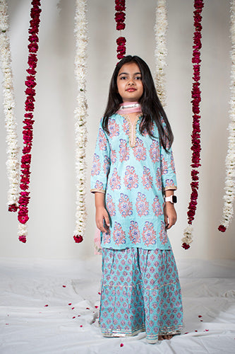 Girls Blue Buta Kurti With Blue Floral Sharara And Dupatta