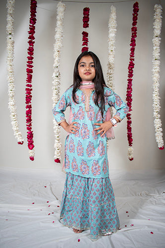 Girls Blue Buta Kurti With Blue Floral Sharara And Dupatta