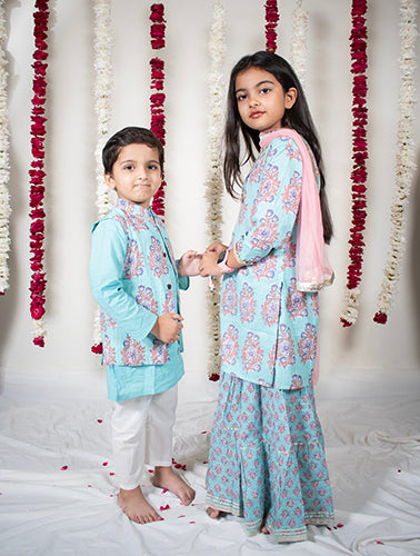 Boys Blue Buta Jacket with Blue Kurta and White Pajama