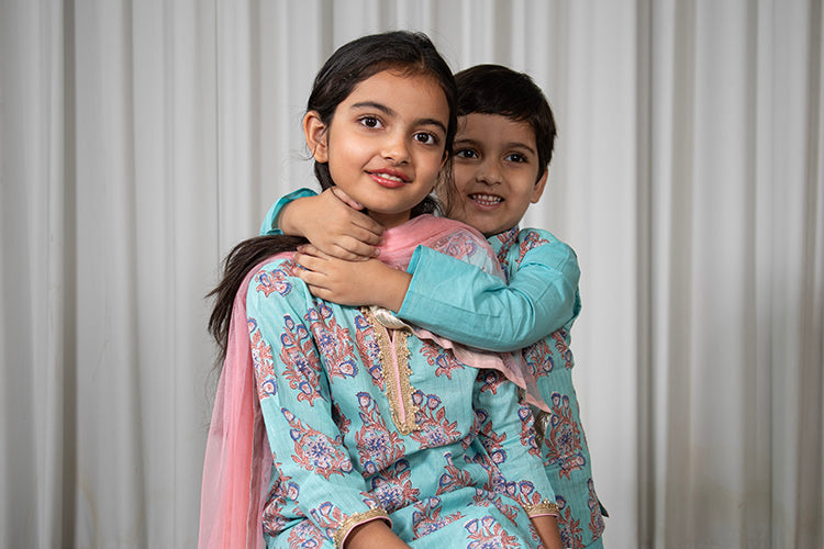 Boys Blue Buta Jacket with Blue Kurta and White Pajama