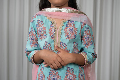 Girls Blue Buta Kurti With Blue Floral Sharara And Dupatta