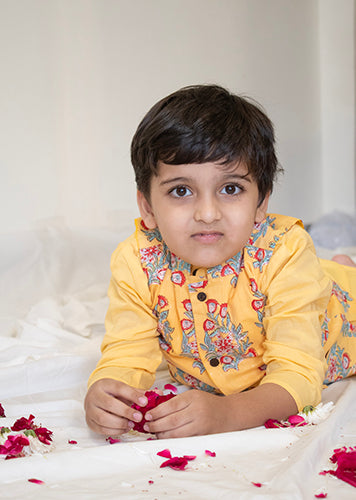 Boys Yellow Buta Jacket With Yellow Kurta And White Pajama