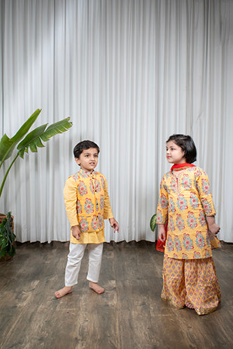 Boys Yellow Buta Jacket With Yellow Kurta And White Pajama