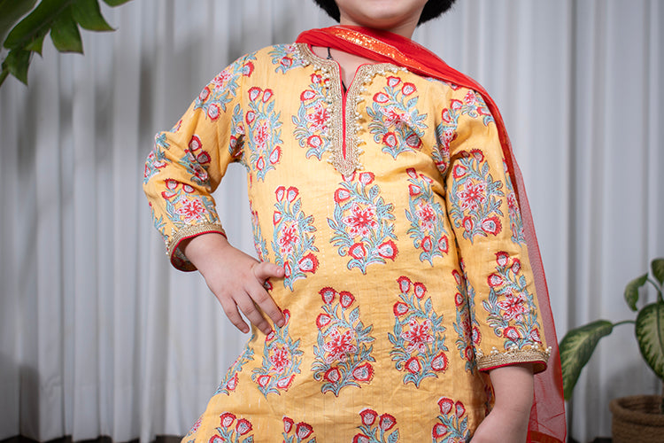 Sunshine Splendor - Girls Yellow Buta Kurti With Floral Sharara and Dupatta