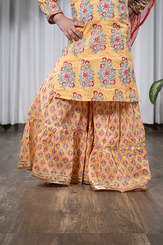 Sunshine Splendor - Girls Yellow Buta Kurti With Floral Sharara and Dupatta