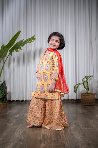 Sunshine Splendor - Girls Yellow Buta Kurti With Floral Sharara and Dupatta