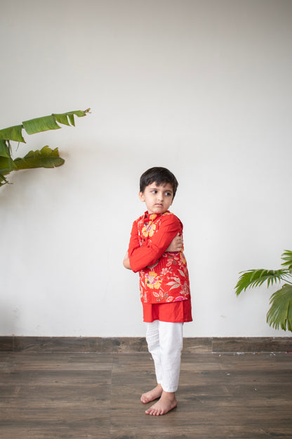 Red Royale – Boys Red Floral Jacket with Red Kurta and Off-White Pajama