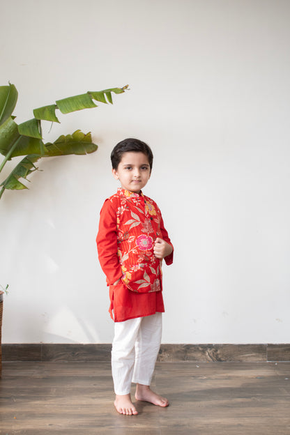 Red Royale – Boys Red Floral Jacket with Red Kurta and Off-White Pajama