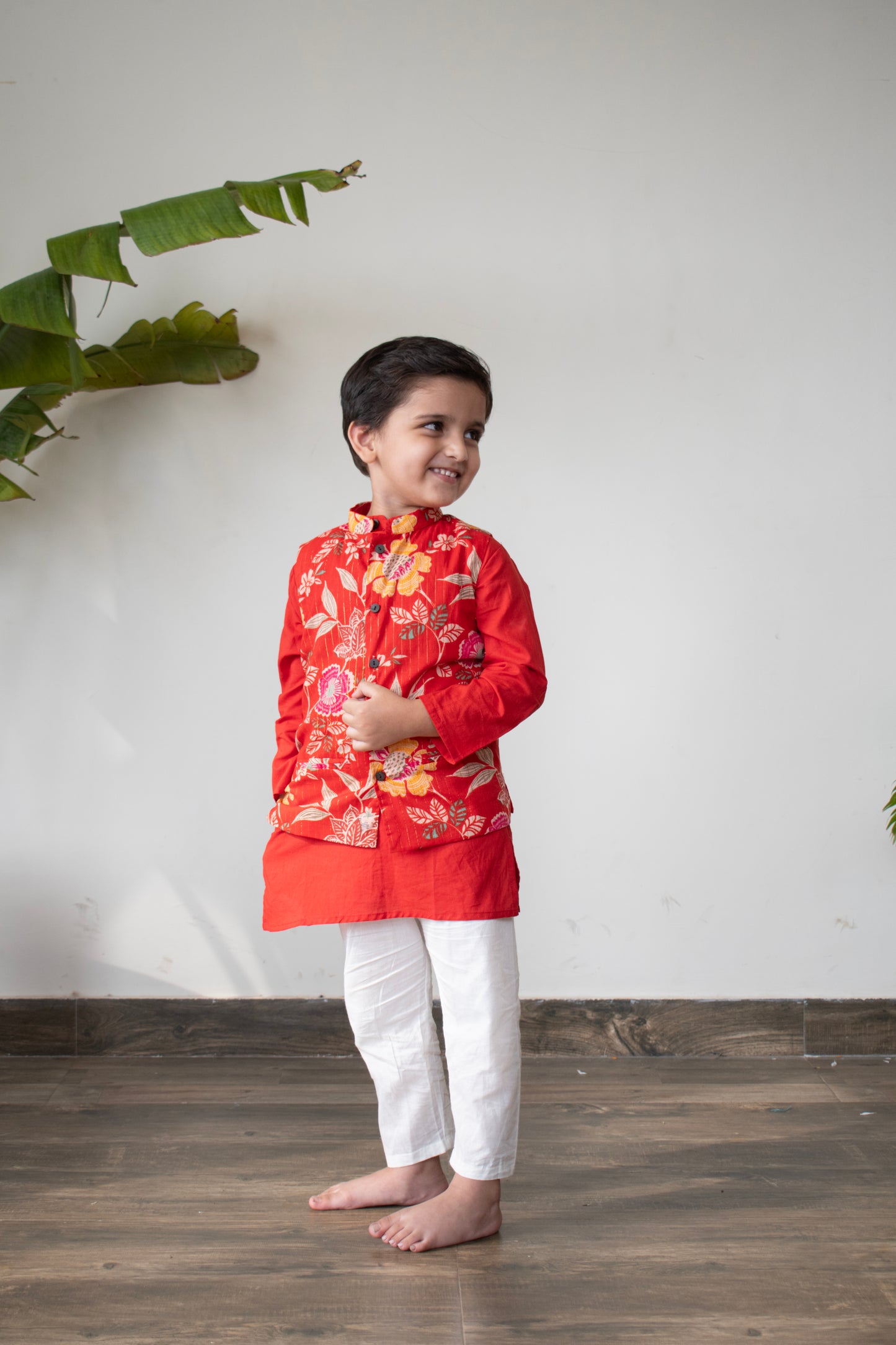 Red Royale – Boys Red Floral Jacket with Red Kurta and Off-White Pajama