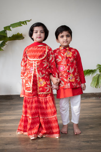 Red Royale – Boys Red Floral Jacket with Red Kurta and Off-White Pajama