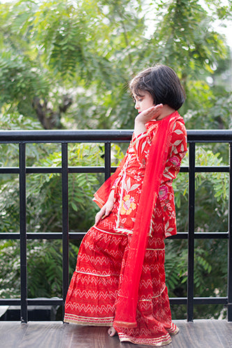 Ravishing Red - Girls Red Floral Yoke Kurti With Leheriya Sharara And Dupatta