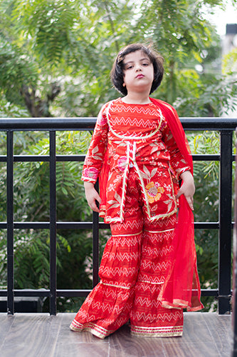 Ravishing Red - Girls Red Floral Yoke Kurti With Leheriya Sharara And Dupatta