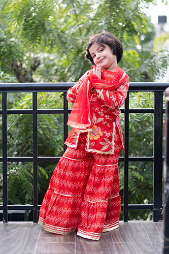 Ravishing Red - Girls Red Floral Yoke Kurti With Leheriya Sharara And Dupatta