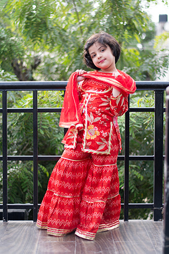 Ravishing Red - Girls Red Floral Yoke Kurti With Leheriya Sharara And Dupatta