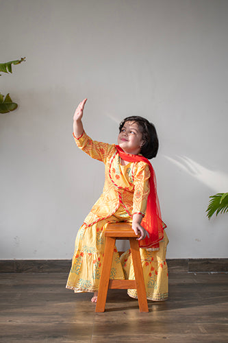 Girls Yellow Floral Yoke Kurti With Yellow Floral Sharara And Dupatta