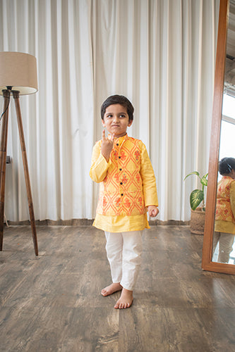 Boys Yellow Cotton Kurta With Yellow Floral Jacket And Off White Pajama