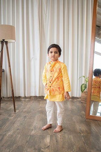 Boys Yellow Cotton Kurta With Yellow Floral Jacket And Off White Pajama