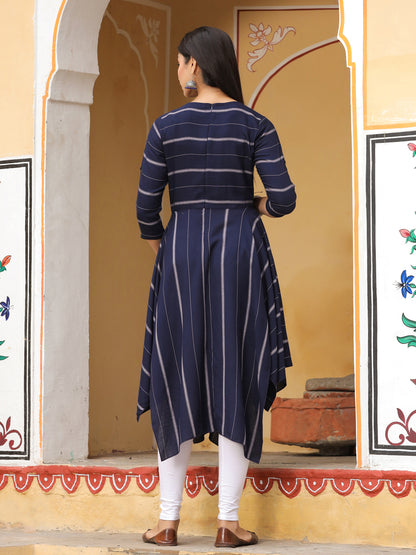 Navy Blue & Off-White Cotton Striped A-Line Dress