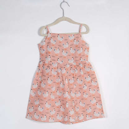 Girls Peach Chicken Print Backless Dress