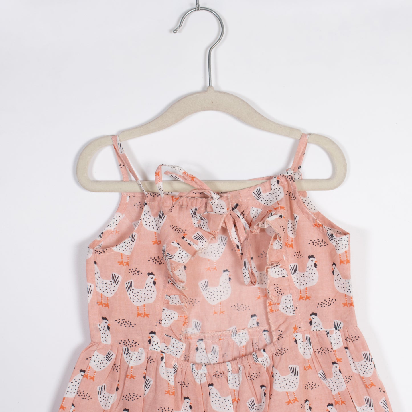 Girls Peach Chicken Print Backless Dress