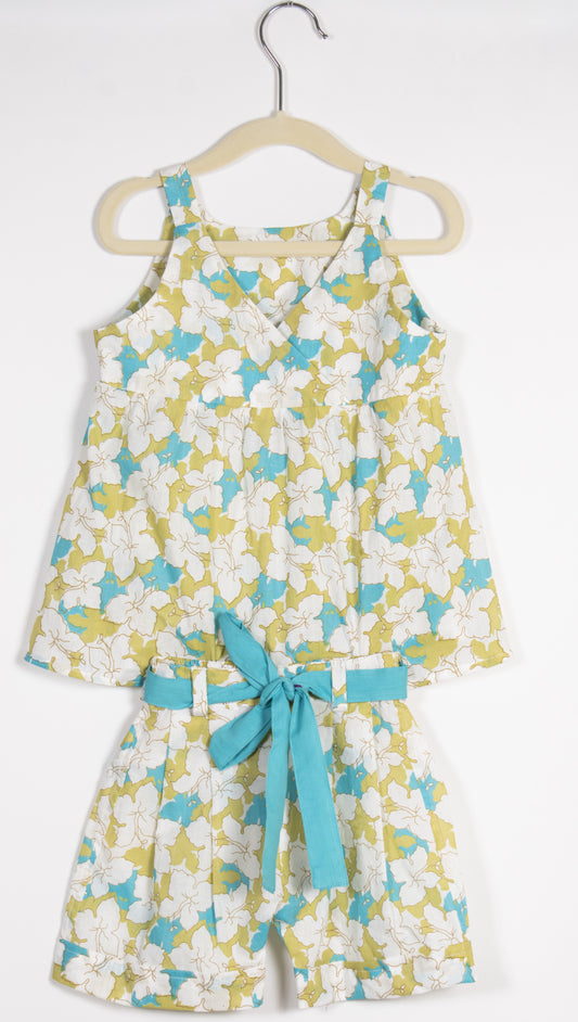 Girls Green & Blue Summery Floral Top with Shorts Co-ord Set