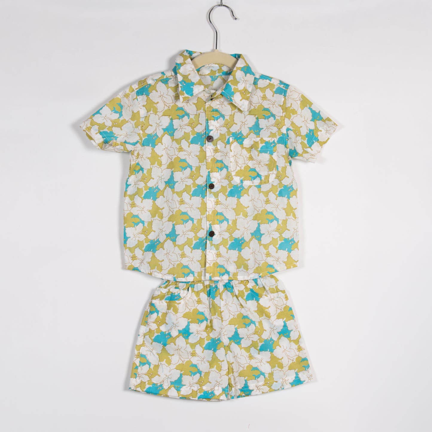 Boys Green & Blue Summer Floral Shirt with Shorts (Co-ord Set)