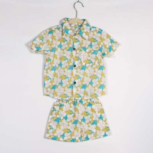 Boys Green & Blue Summer Floral Shirt with Shorts (Co-ord Set)