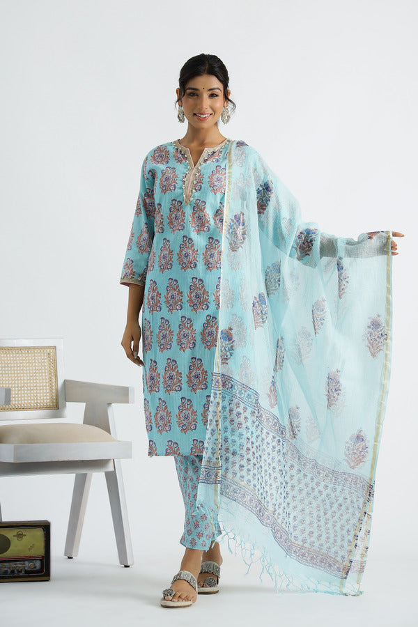 Sky Blue Ethnic Buti Kurta With Pant And Kota Doria Dupatta