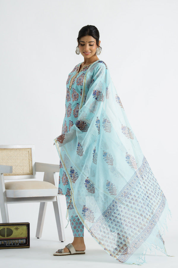 Sky Blue Ethnic Buti Kurta With Pant And Kota Doria Dupatta