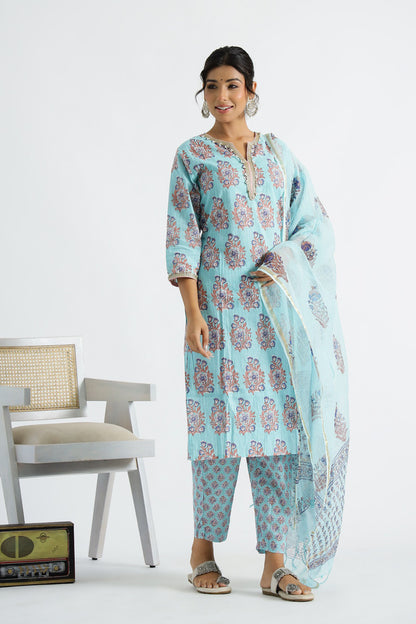 Sky Blue Ethnic Buti Kurta With Pant And Kota Doria Dupatta