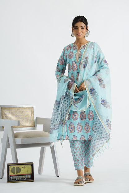 Sky Blue Ethnic Buti Kurta With Pant And Kota Doria Dupatta