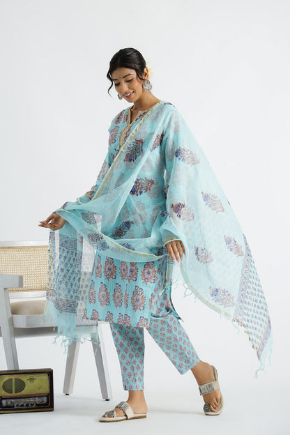 Sky Blue Ethnic Buti Kurta With Pant And Kota Doria Dupatta