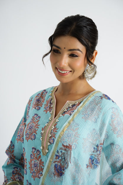 Sky Blue Ethnic Buti Kurta With Pant And Kota Doria Dupatta