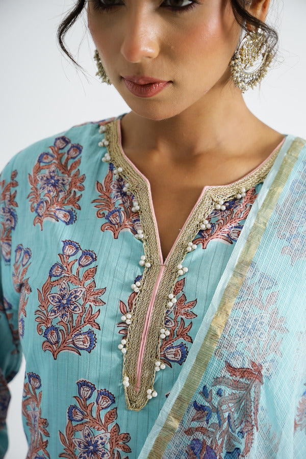 Sky Blue Ethnic Buti Kurta With Pant And Kota Doria Dupatta