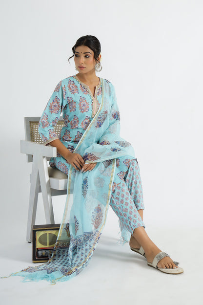 Sky Blue Ethnic Buti Kurta With Pant And Kota Doria Dupatta